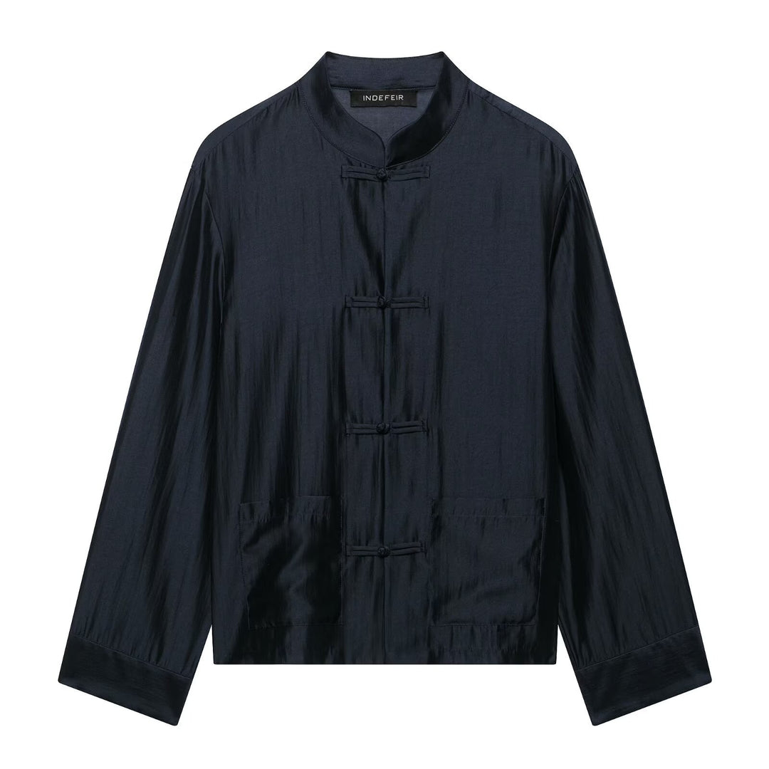 Damen Chinesisch-inspirierte Hemdjacke mit Stehkragen und Knotenknöpfen Echo Archiv