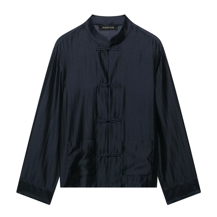 Damen Chinesisch-inspirierte Hemdjacke mit Stehkragen und Knotenknöpfen Echo Archiv