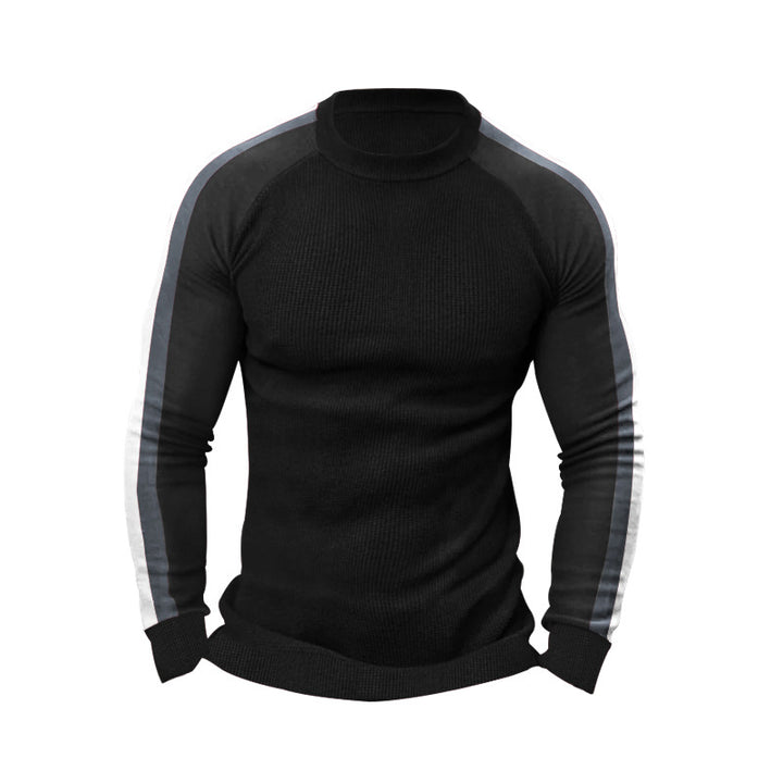 Herren sportlicher Strickpullover mit kontrastierenden Ärmeln und hohem Kragen Echoarchiv