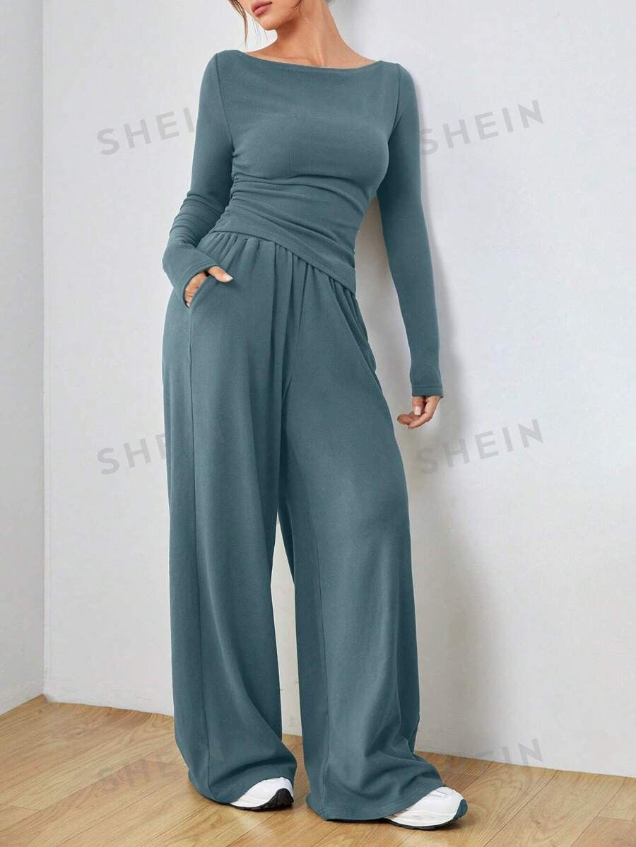 Damen Lässiges Two‑Piece Lounge‑Set mit U‑Boot‑Ausschnitt, taillierter Drapierung und weitem Palazzohose Echo Archiv