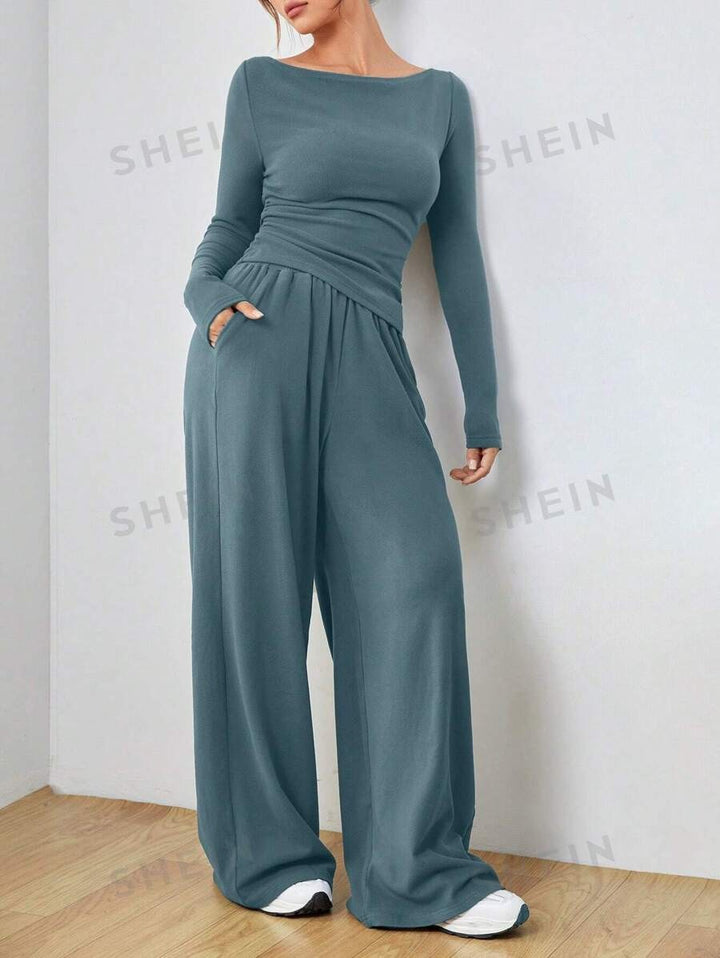 Damen Lässiges Two‑Piece Lounge‑Set mit U‑Boot‑Ausschnitt, taillierter Drapierung und weitem Palazzohose Echo Archiv
