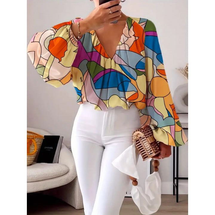 Damen oversized Bluse mit farbenfrohem grafischen Muster und weit ausgestellten Ärmeln Echo Archiv
