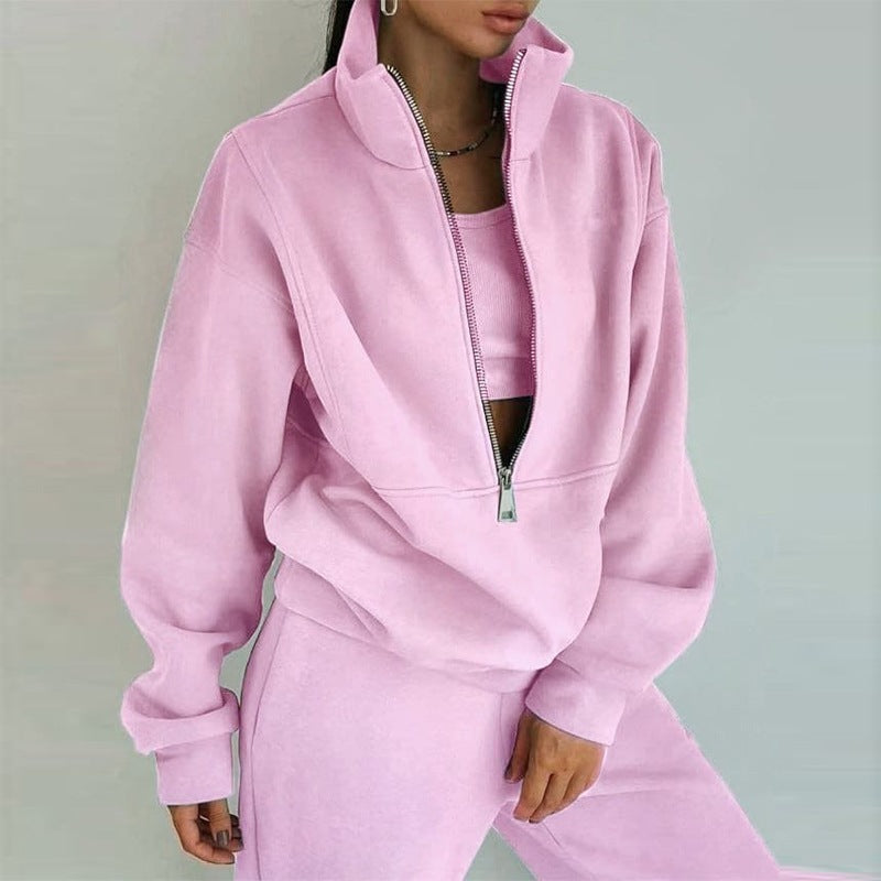 Damen nan kurzes Halbzip-Sweatshirt-und-Jogginghose-Set mit Stehkragen, oversized Schnitt und weichem French-Terry Echo Archiv