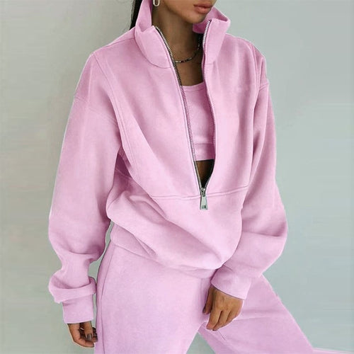 Damen nan kurzes Halbzip-Sweatshirt-und-Jogginghose-Set mit Stehkragen, oversized Schnitt und weichem French-Terry Echo Archiv