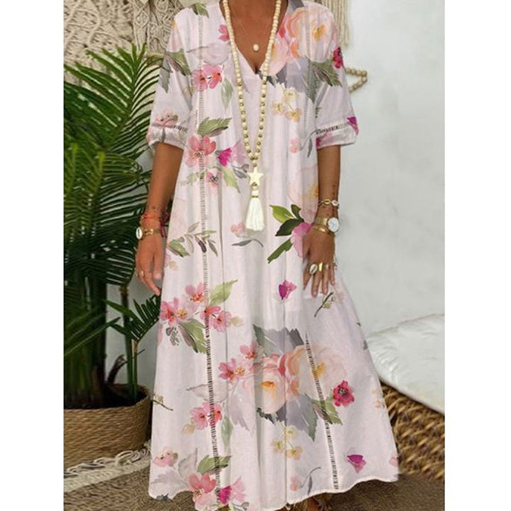 Damen nan locker fließendes Kaftan-Midimaxikleid mit V-Ausschnitt, ajourbesetzten Bahnen und leichter Leinenmisch-Qualität Echo Archiv
