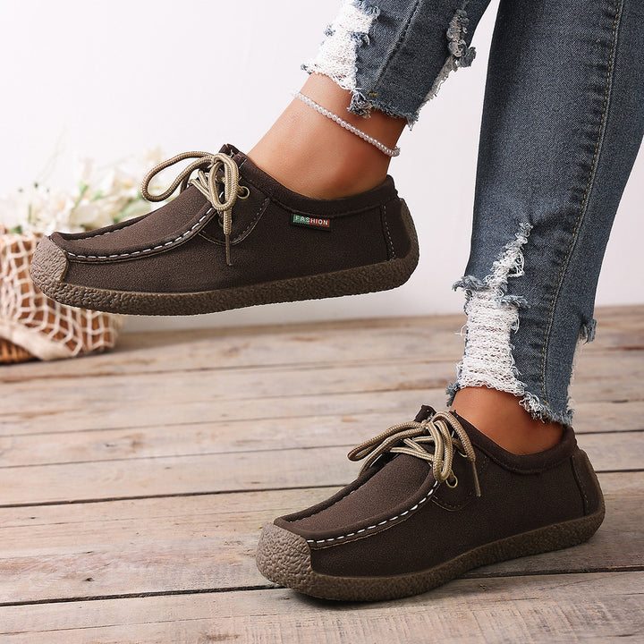 Damen lässige Mokassin-Slipper aus Veloursimitat mit dekorativer Ziernaht, elastischer Schnürung und flexibler Gummisohle – Lioré