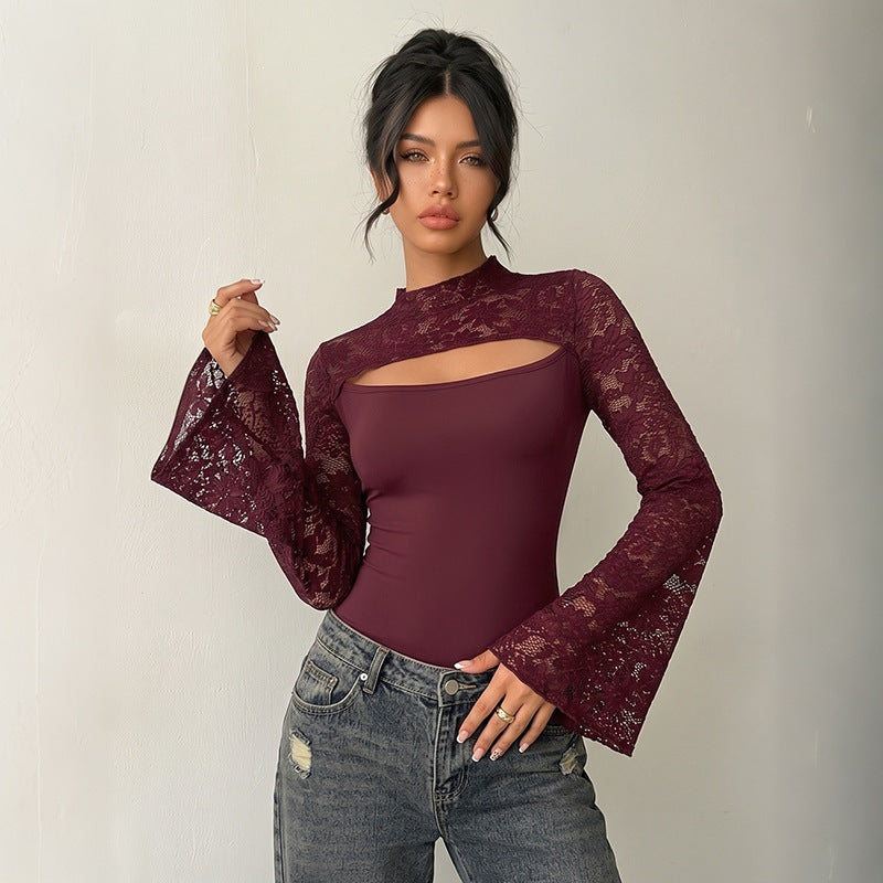 Damen Elegantes Spitzenoberteil mit Y-Ausschnitt und Volantärmeln Echo Archiv