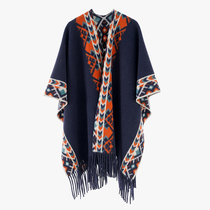 Damen Poncho‑Überwurf mit Ethno-Jacquard und Fransensaum Echo Archiv