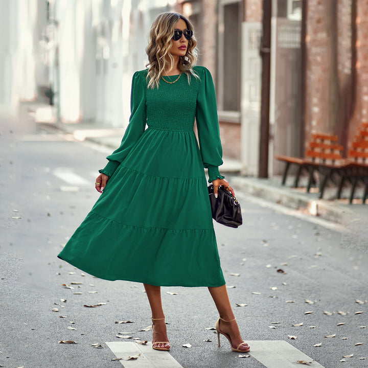 Damen nan gerafftes Midikleid mit Smok-Oberteil, ballonförmigen Ärmeln und stufigem Volantrock Echo Archiv