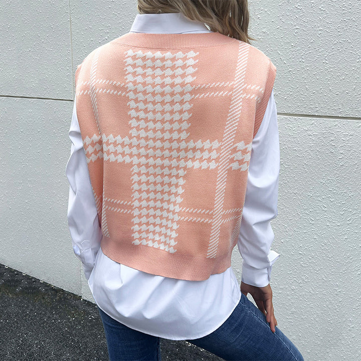 Damen Oversize-Strickweste mit V-Ausschnitt und Hahnentritt-Muster Echoarchiv