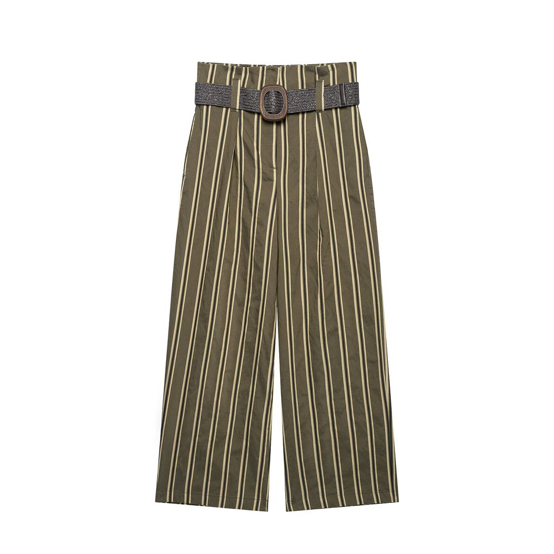 Damen Hochtaillierte weite Hose mit vertikalem Streifenmuster und Taillengürtel Echoarchiv
