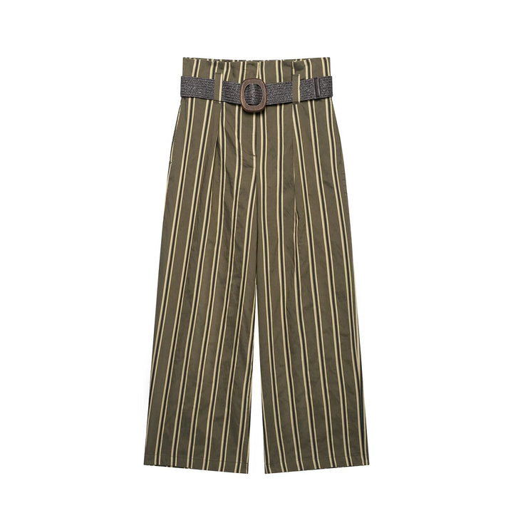 Damen Hochtaillierte weite Hose mit vertikalem Streifenmuster und Taillengürtel Echoarchiv