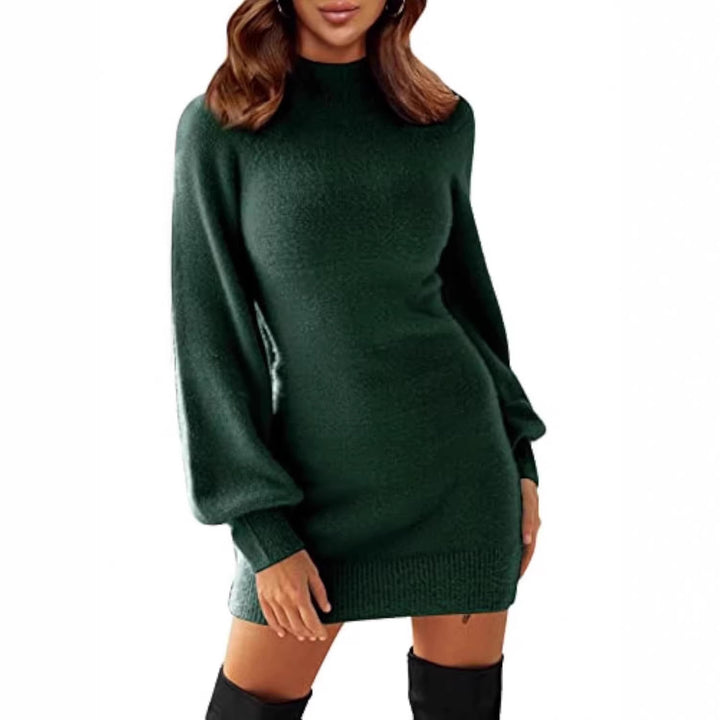 Damen Tailliertes Teddy-Strick-Minikleid mit Stehkragen und Ballonärmeln – Élara
