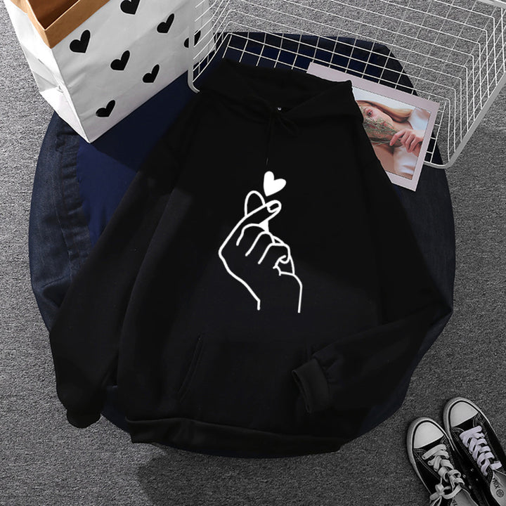 Damen Kapuzenpullover mit Fingerherz-Print, Oversize-Schnitt und Kängurutasche – Auréline