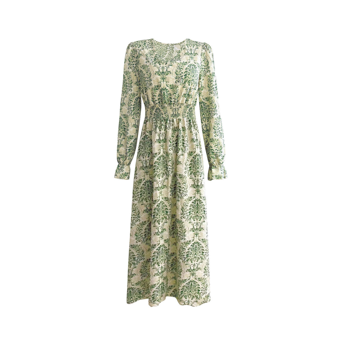 Damen Feminin fließendes Maxikleid mit V-Ausschnitt, geraffter Smock-Taillenpartie und ornamentaler Allover-Print – Valéora