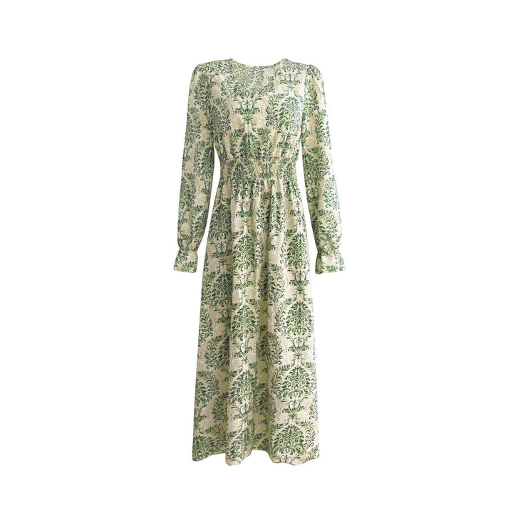 Damen Fließendes Maxikleid mit geraffter Smock-Taille, Trompetenärmeln und ornamentalem Druck – Valéora
