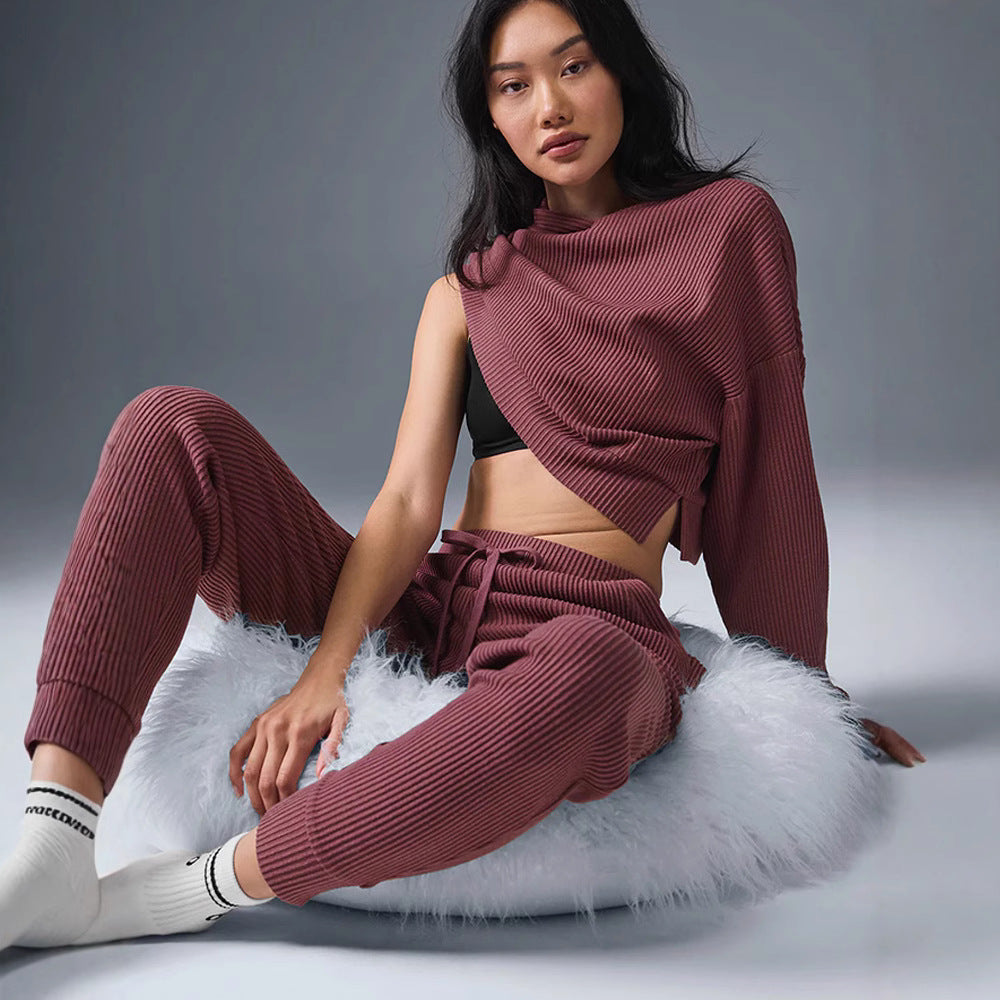 Damen Gerippte High‑Waist Loungehose mit Kordelzug und Bündchen – Avélisse