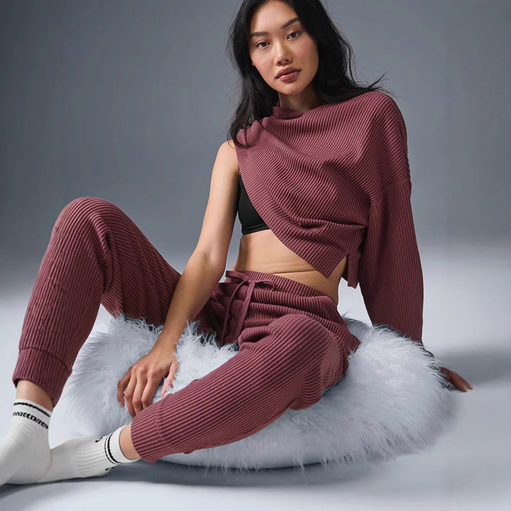 Damen Gerippte High‑Waist Loungehose mit Kordelzug und Bündchen – Avélisse