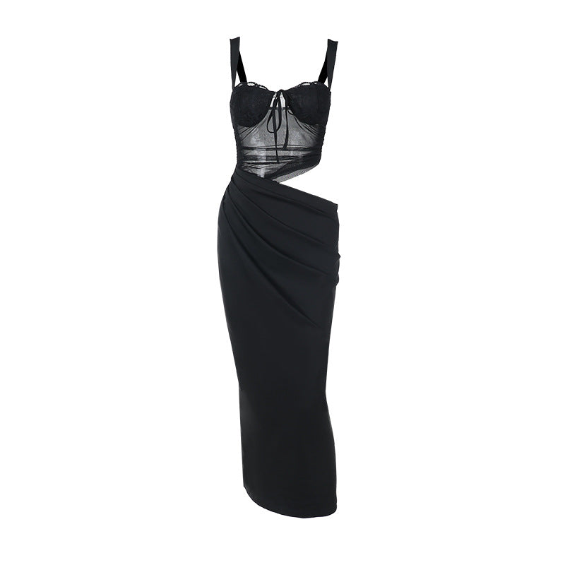Damen elegantes Maxikleid mit transparentem Oberteil und raffinierten Drapierungen Echo Archiv