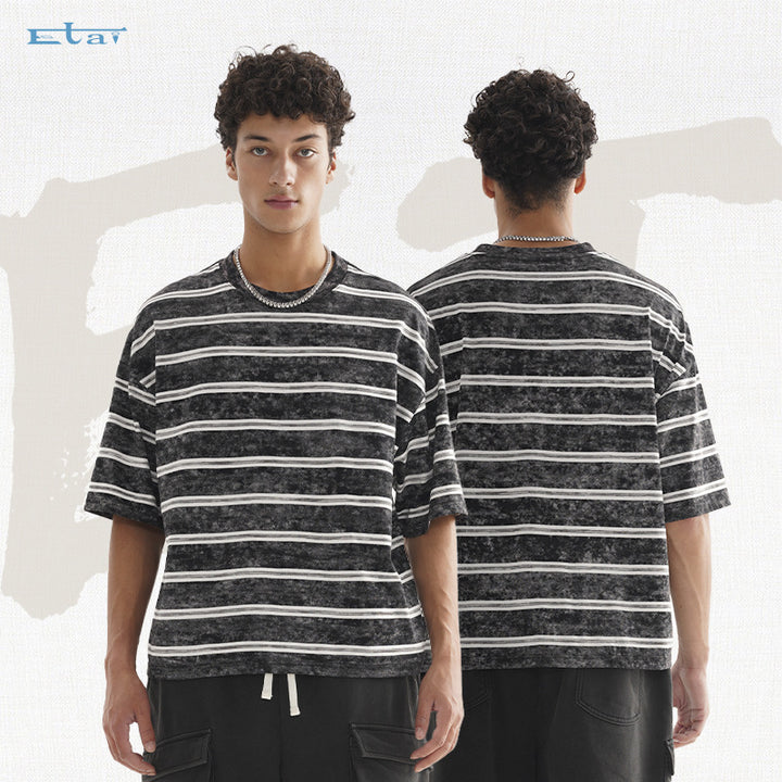 Herren Oversize Kurzarmshirt im verwaschenen Used-Look mit Blockstreifen Echo Archiv