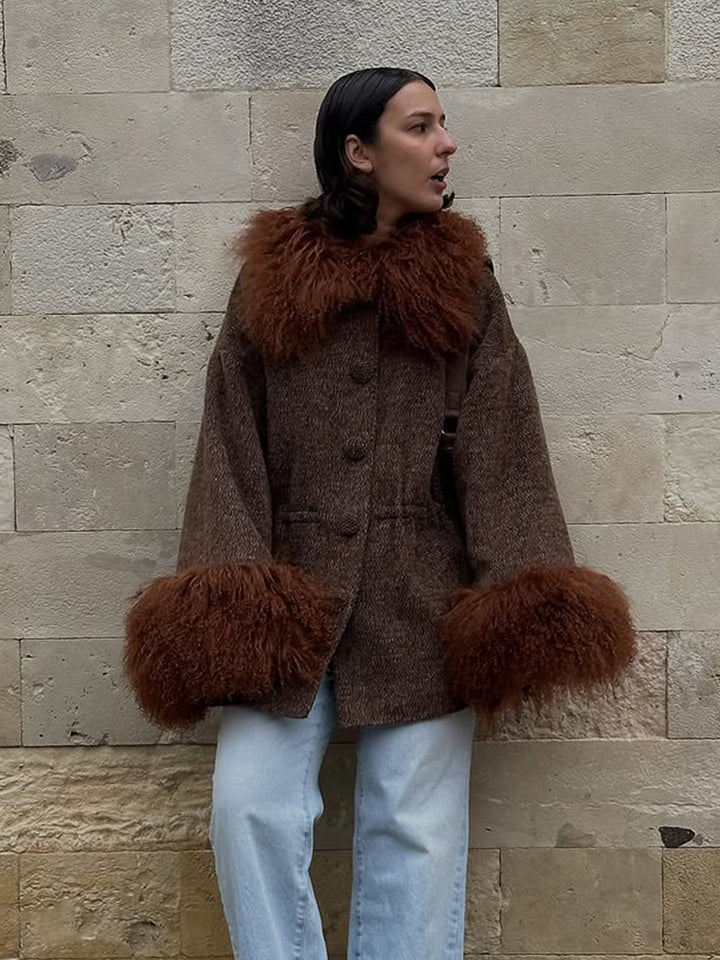Damen Oversize Wollmix-Marka Mantel mit voluminösem Lammfellimitatkragen und extra weitem Ärmelabschluss Echoarchiv