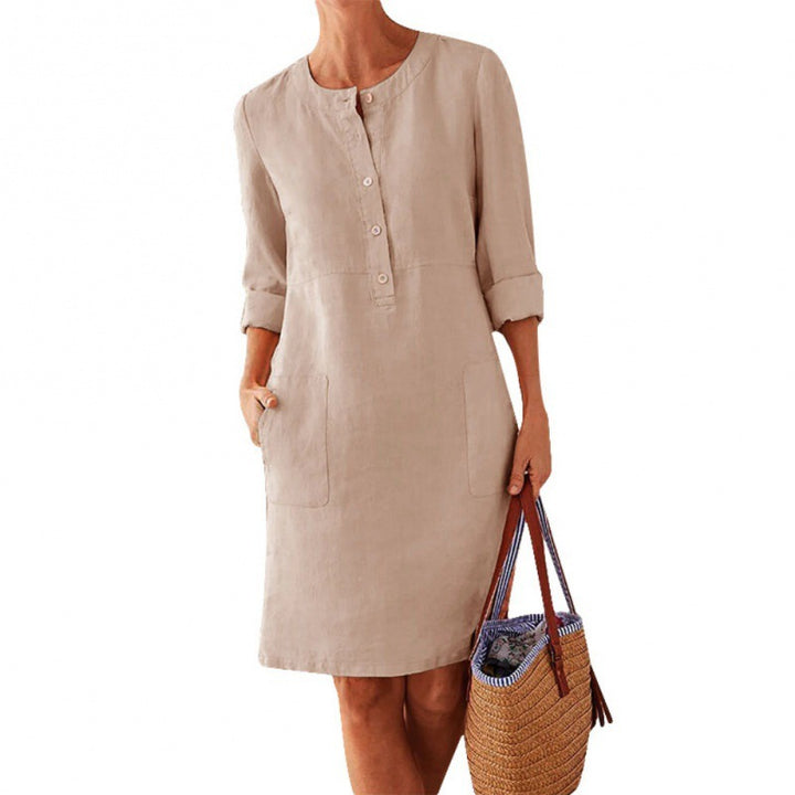 Damen Locker geschnittenes Leinenoptik-Kleid mit dreiviertel-Ärmeln, Knopfleiste und Eingrifftaschen Echo Archiv