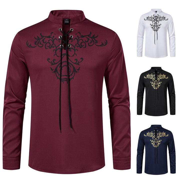 Herren Langarmshirt im asiatischen Stil mit kunstvollem Schnürungsdesign und modernen Akzenten Echoarchiv