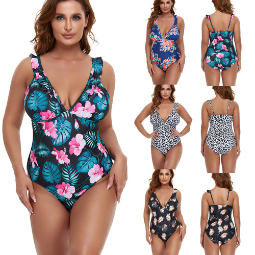 Damen Einteiler Badeanzug mit floralem Design und tiefem V-Ausschnitt Echo Archiv