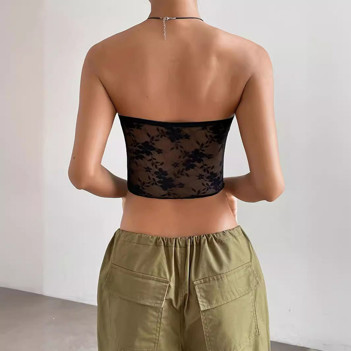 Damen transparente Crop-Top mit floralen Details Echo Archiv
