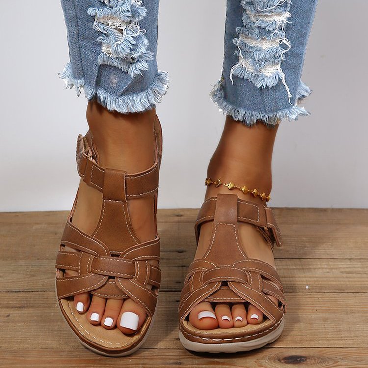 Damen Komfort-Sandalen mit Soft-Leder, geflochtenem Vorderblatt und verstellbarem Klettverschluss – Sorelia