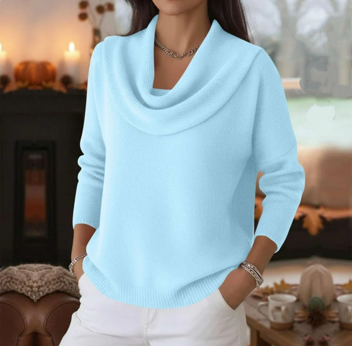 Damen Lässiger Schalkragen-Feinstrickpullover mit überschnittener Schulter und geripptem Saum – Mavelle