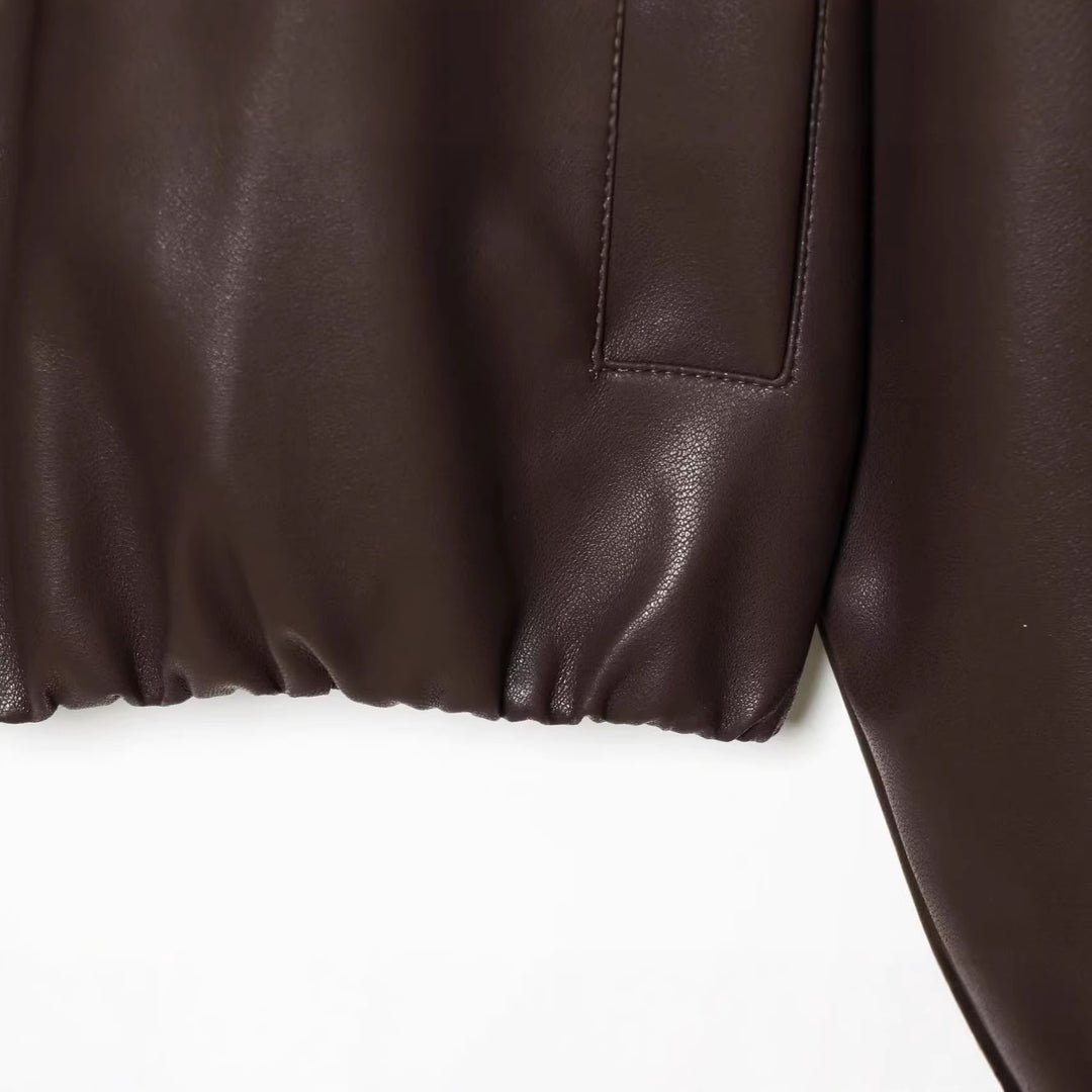 Damen Cropped Oversized Kunstleder-Bomberjacke mit Reißverschluss und elastischem Saum Echoarchiv
