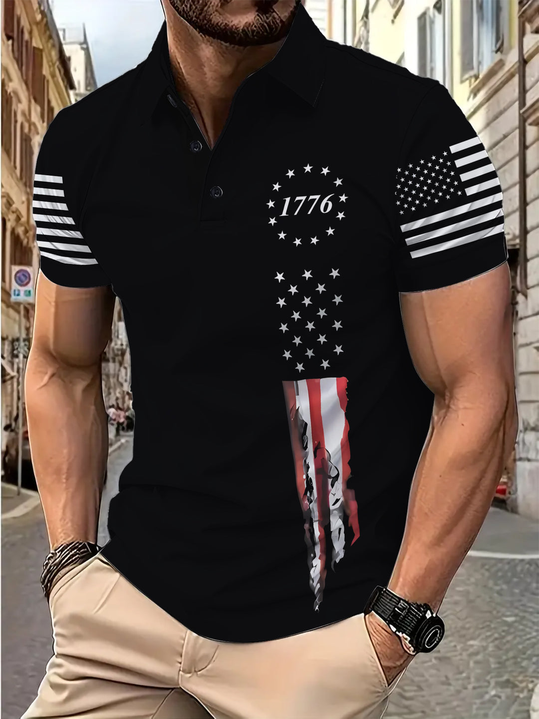 Herren Poloshirt mit patriotischem Grafikdesign und stylishem V-Ausschnitt Echoarchiv