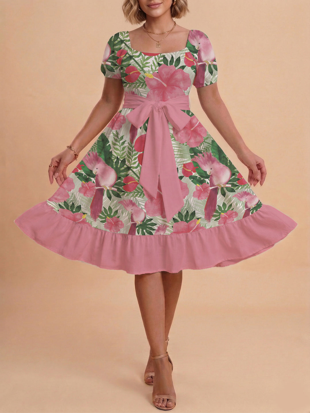 Damen Sommerkleid mit floralem Puffärmel und taillierbarem Gürtel Echo Archiv