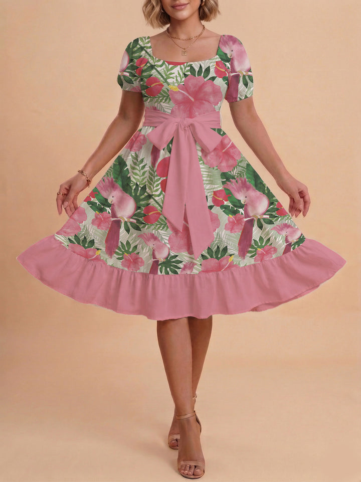 Damen Sommerkleid mit floralem Puffärmel und taillierbarem Gürtel Echo Archiv