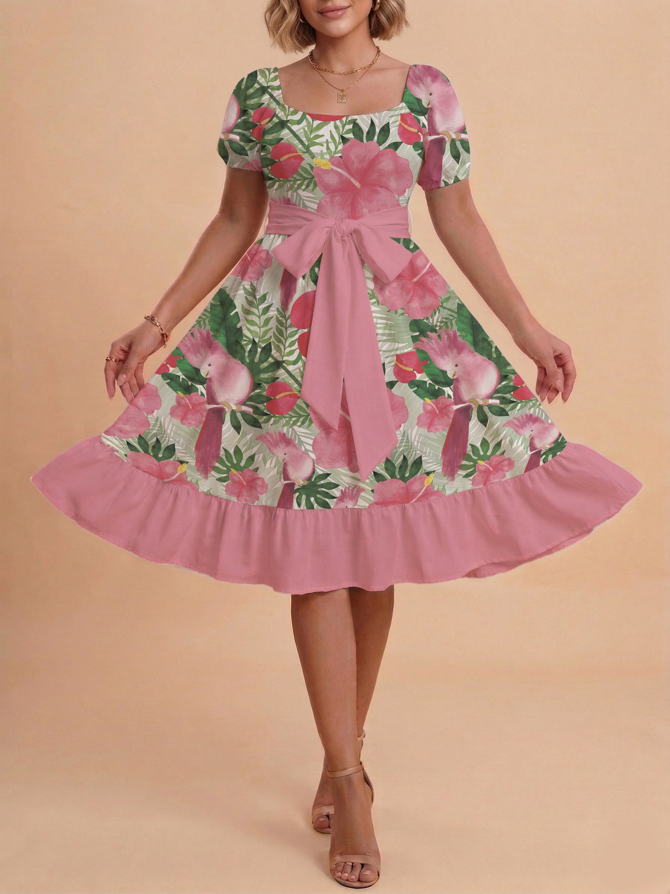 Damen Sommerkleid mit floralem Puffärmel und taillierbarem Gürtel Echo Archiv