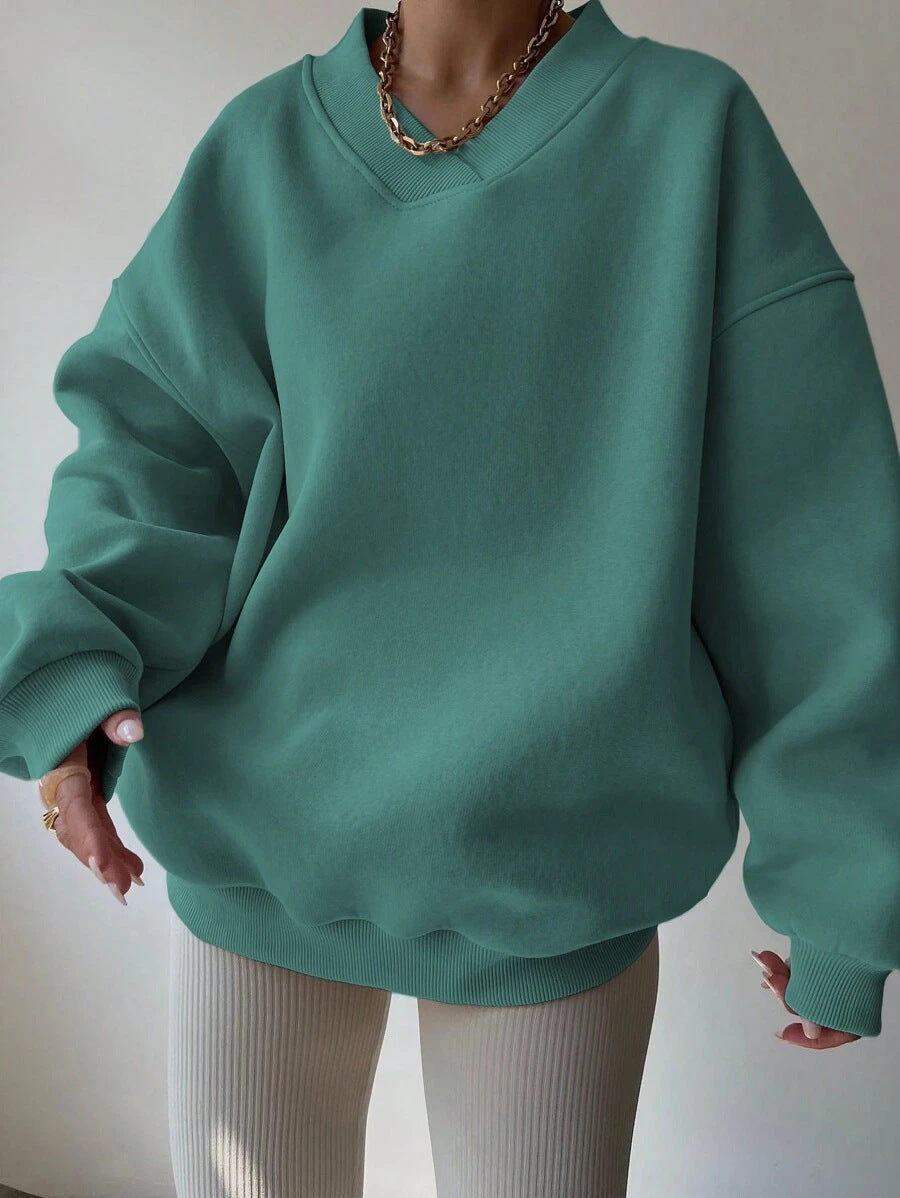 Damen Oversized V-Ausschnitt Sweatshirt mit verstärktem Rippkragen und extraweitem Cut – Avérine