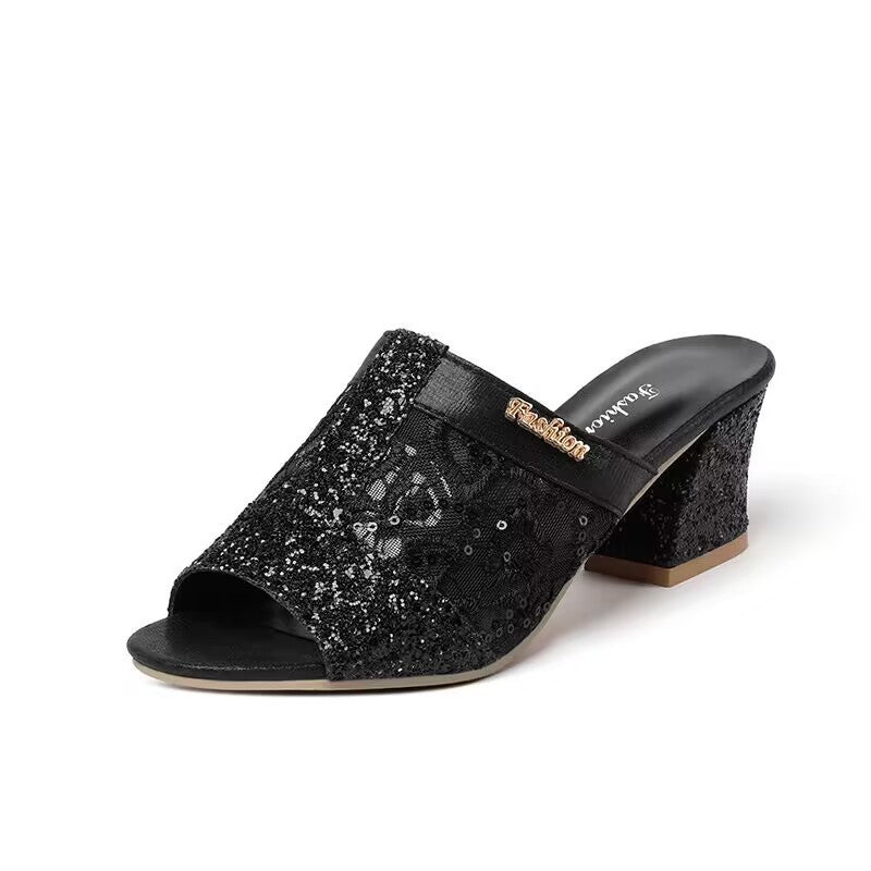 Damen nan elegante offene Pantolette mit feinem Netz, funkelnden Applikationen und mittelhohem Blockabsatz Echo Archiv