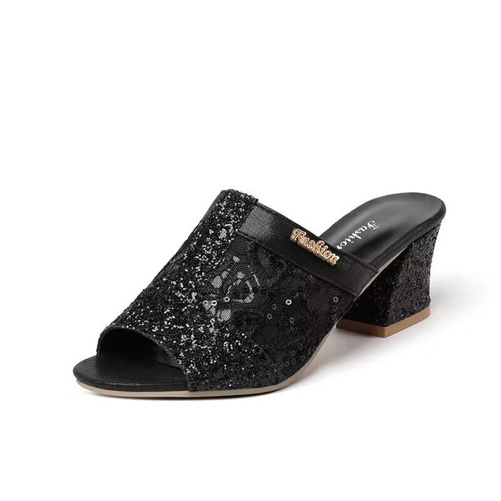Damen nan elegante offene Pantolette mit feinem Netz, funkelnden Applikationen und mittelhohem Blockabsatz Echo Archiv
