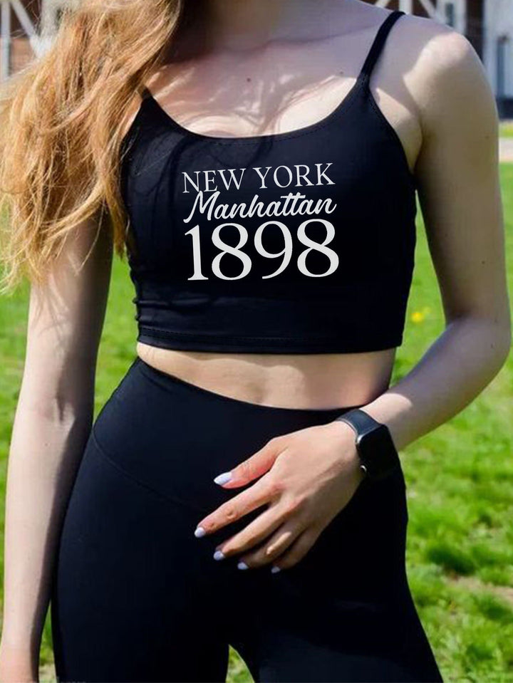 Damen Crop-Top mit kreativem Schriftzug und feinen Trägern Echo Archiv