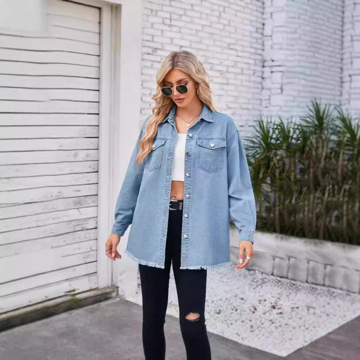 Damen Denim-Bluse im lässigen Schnitt mit Fransen und aufgesetzten Taschen Echo Archiv