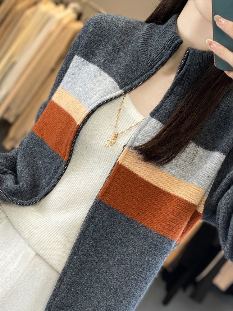 Damen Reißverschluss-Strickcardigan aus weichem Wollmix mit Blockstreifen und geripptem Saum Echoarchiv
