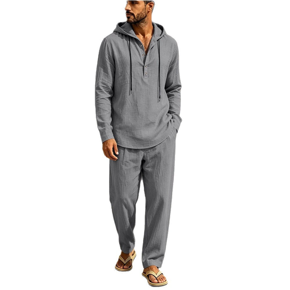 Herren Lässiges Leinen-Look Freizeit-Set mit Kapuzenhemd und weiten Hosen Echoarchiv