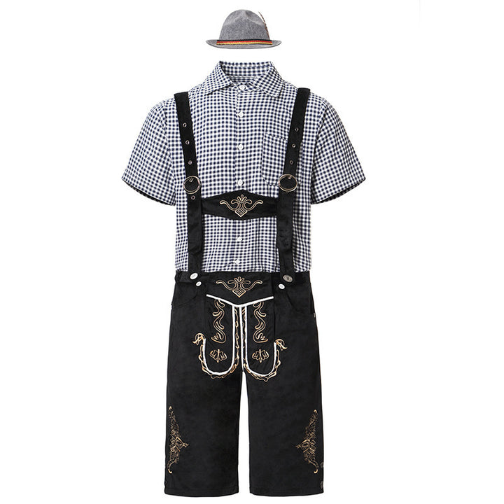 Herren nan traditionelle Trachtenlederhose mit bestickten Hosenträgern, kariertem Trachtenhemd und Filzhut Echo Archiv