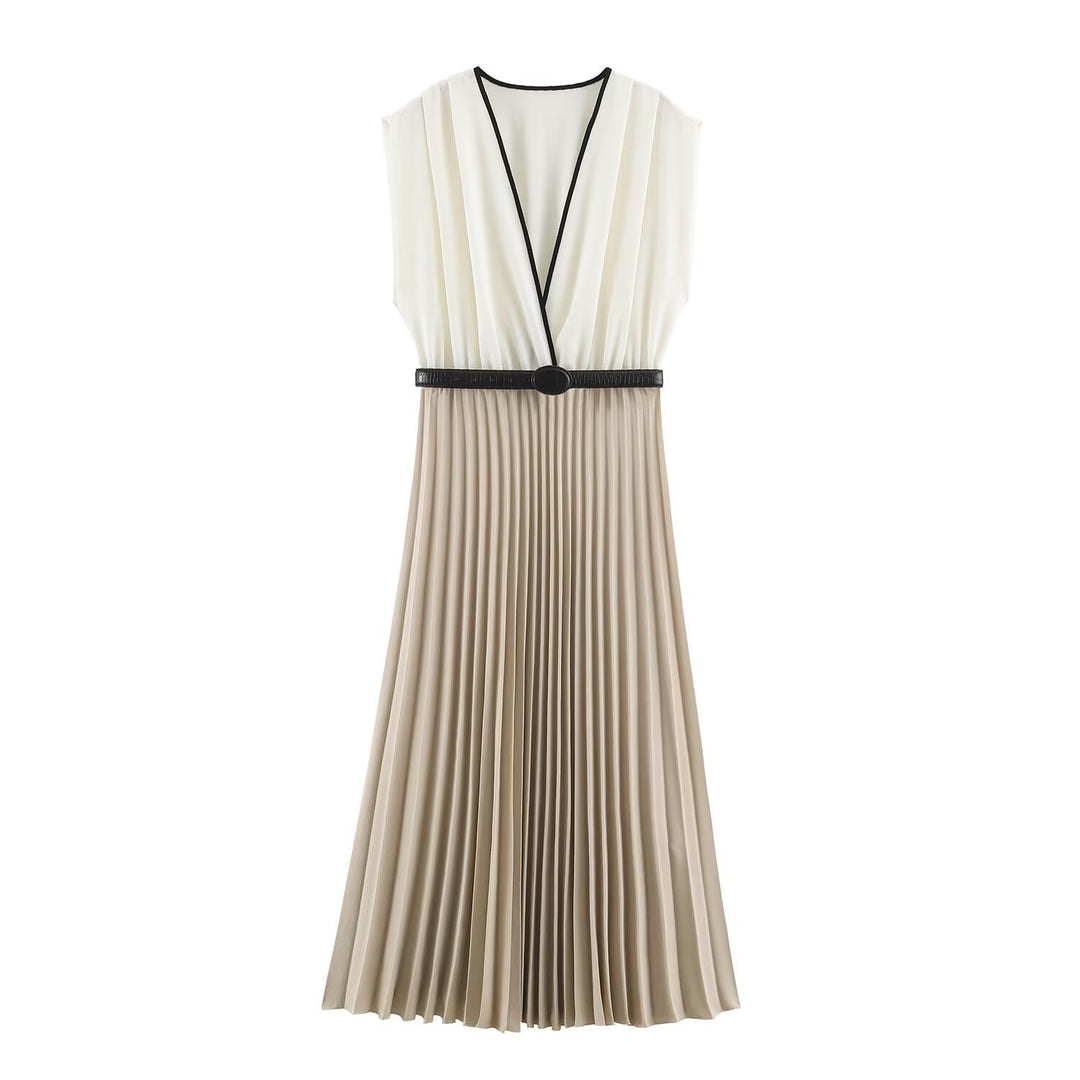 Damen Plissiertes Midikleid mit Wick‑V‑Ausschnitt und Taillengürtel Echoarchiv