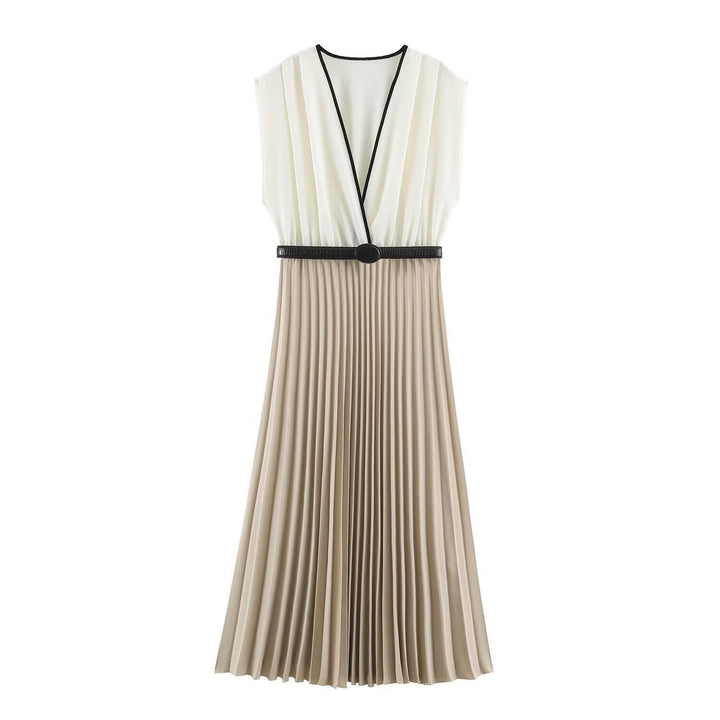 Damen Plissiertes Midikleid mit Wick‑V‑Ausschnitt und Taillengürtel Echoarchiv