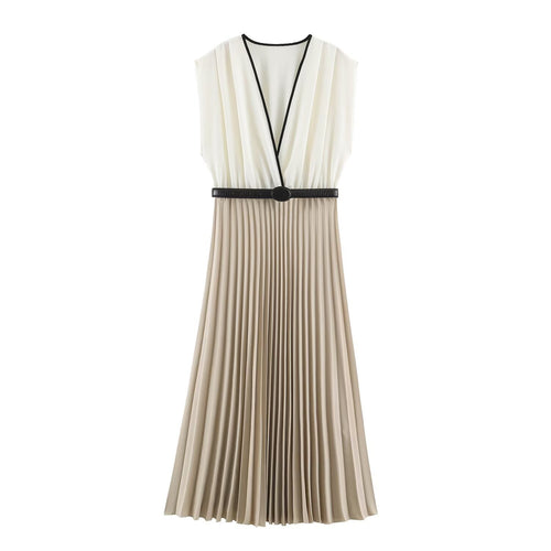 Damen Plissiertes Midikleid mit Wick‑V‑Ausschnitt und Taillengürtel Echoarchiv