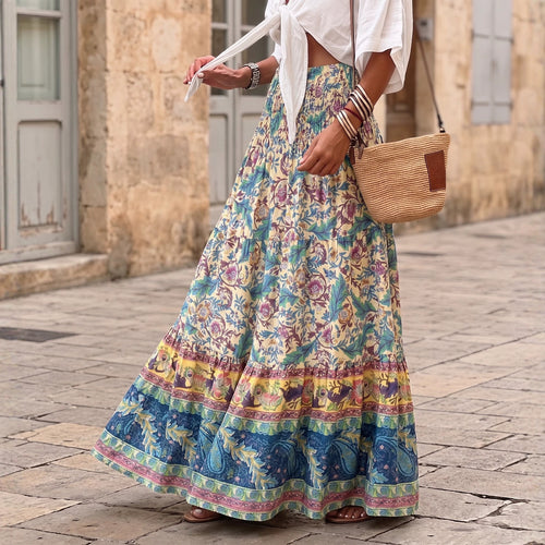 Damen nan gestufter Maxirock mit floralem Print, elastischem Smockbund und Volantkanten Echo Archiv