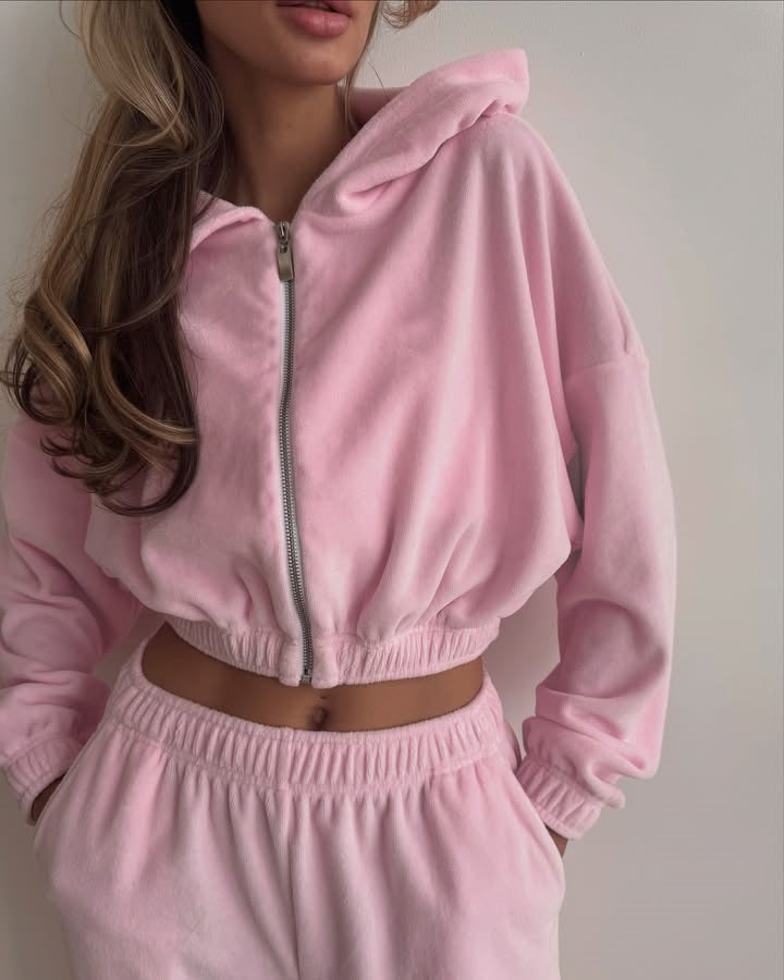Damen nan Samt-Loungewear-Zweiteiler mit kurzem Frontzip, elastischem Komfortbund und weitem Hosenbein Echo Archiv