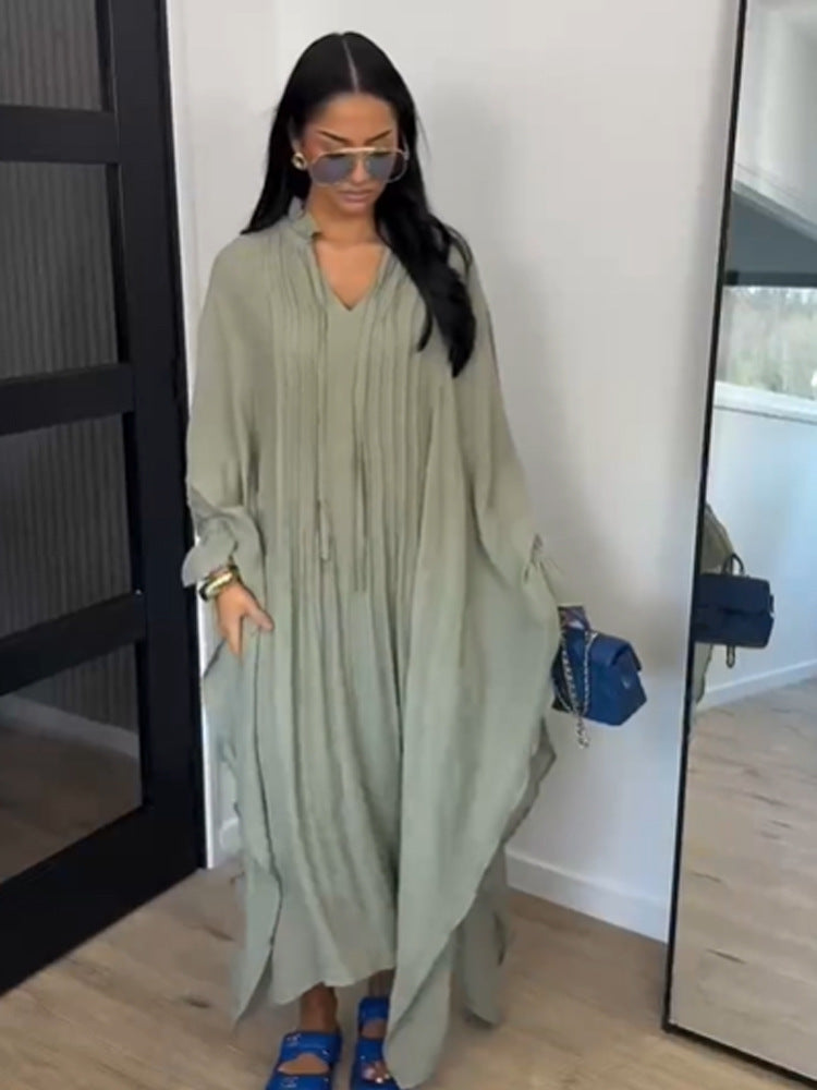 Damen Maxikleid im Kaftan-Stil mit Rüschenkragen, Bindebändern und voluminösen Ärmeln Echoarchiv